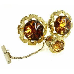 Cufflinks Set with Tie Tack Pin Round Floral Design Brown Faux Topaz Stone